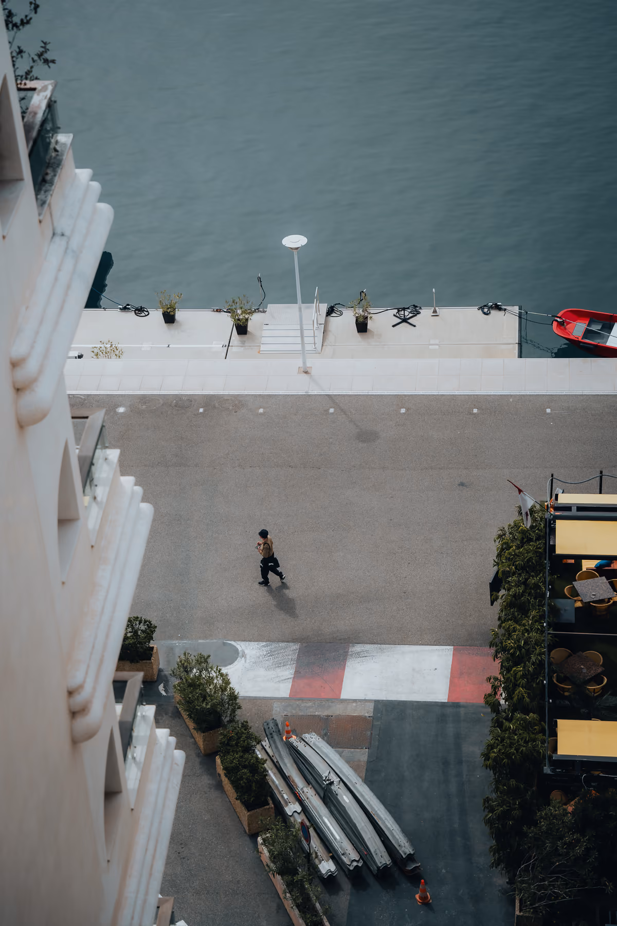 Modernist white building shot from a high vantage point